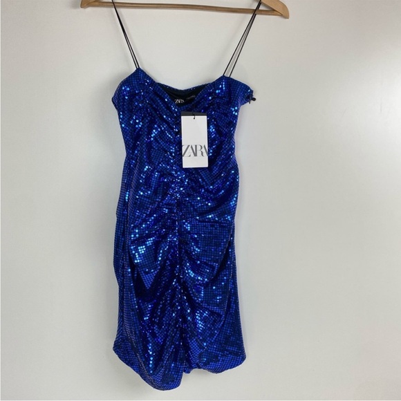 Zara Sparkly Blue Draped Spaghetti Strap Mini Dress Size small Blogger - Picture 5 of 12